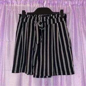 Black and White Striped Loose Leg High Waisted Elastic Band Waist Dress Shorts